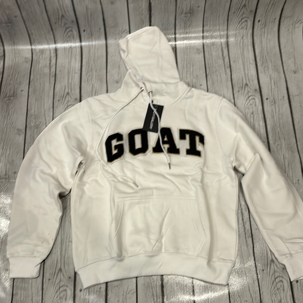 SneakGallery White Hoodie  set size small with Black Lettering GOAT jogger set